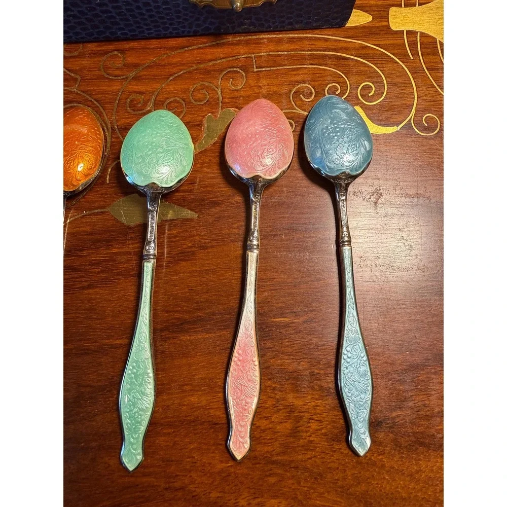 Vintage‎ Norwegian Sterling Silver Enamel Demitasse Spoon Set with Box